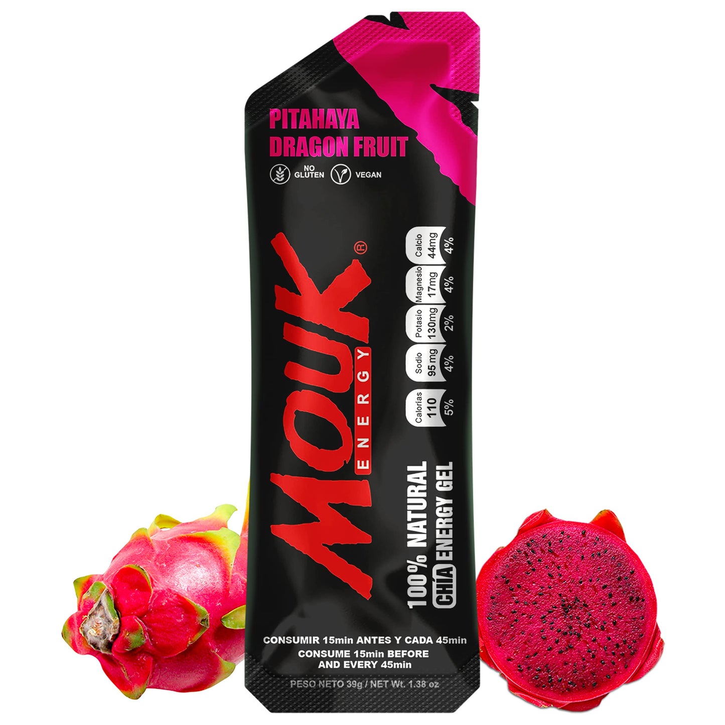 MOUK Energy Workout & Sports Nutrition Energy Gel - Dragon Fruit Flavor All Natural with Whole Chia Seeds | Easy Digestion, Vegan, Gluten Free, Essential Electrolyte | 1.38 Ounce (Pack of 10)