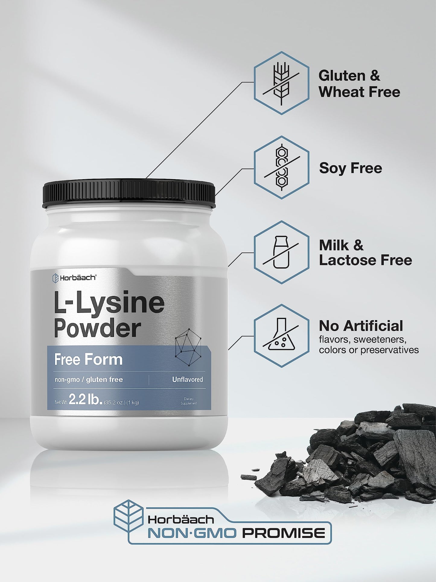 Horbäach L-Lysine Powder | 2.2 lbs | Unflavored Free Form Supplement | Vegetarian, Non-GMO, Gluten Free Formula