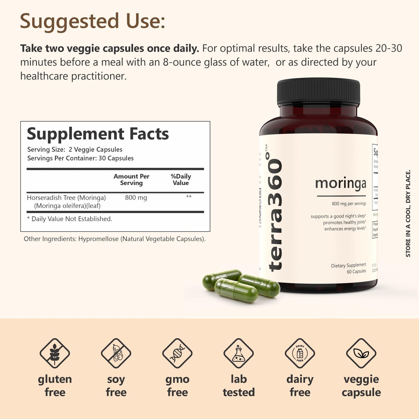 terra360° 800mg Moringa Capsules - Pure Moringa for Energy, Immune Support, Skin Health & Vitality - Nutrient-Rich Super Food with Essential Vitamins & Antioxidants, 60 Capsules