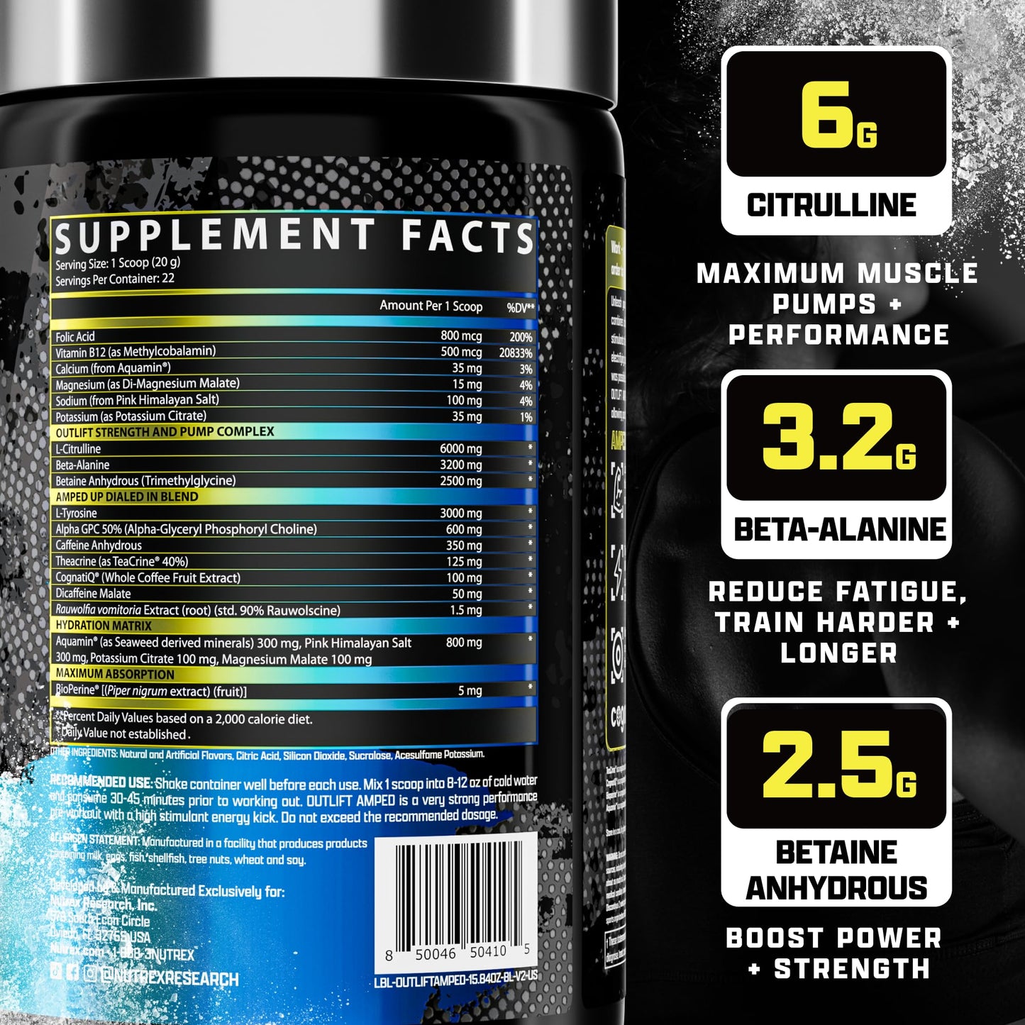 OUTLIFT Amped Max Dosed HIGH STIM Pre Workout Powder, 6G Citrulline, 3.2G Beta Alanine, Alpha GPC, CognatiQ, Extreme Energy, Massive Pumps, Electrolytes, Nootropics Blueberry Lemonade - 22 Serv