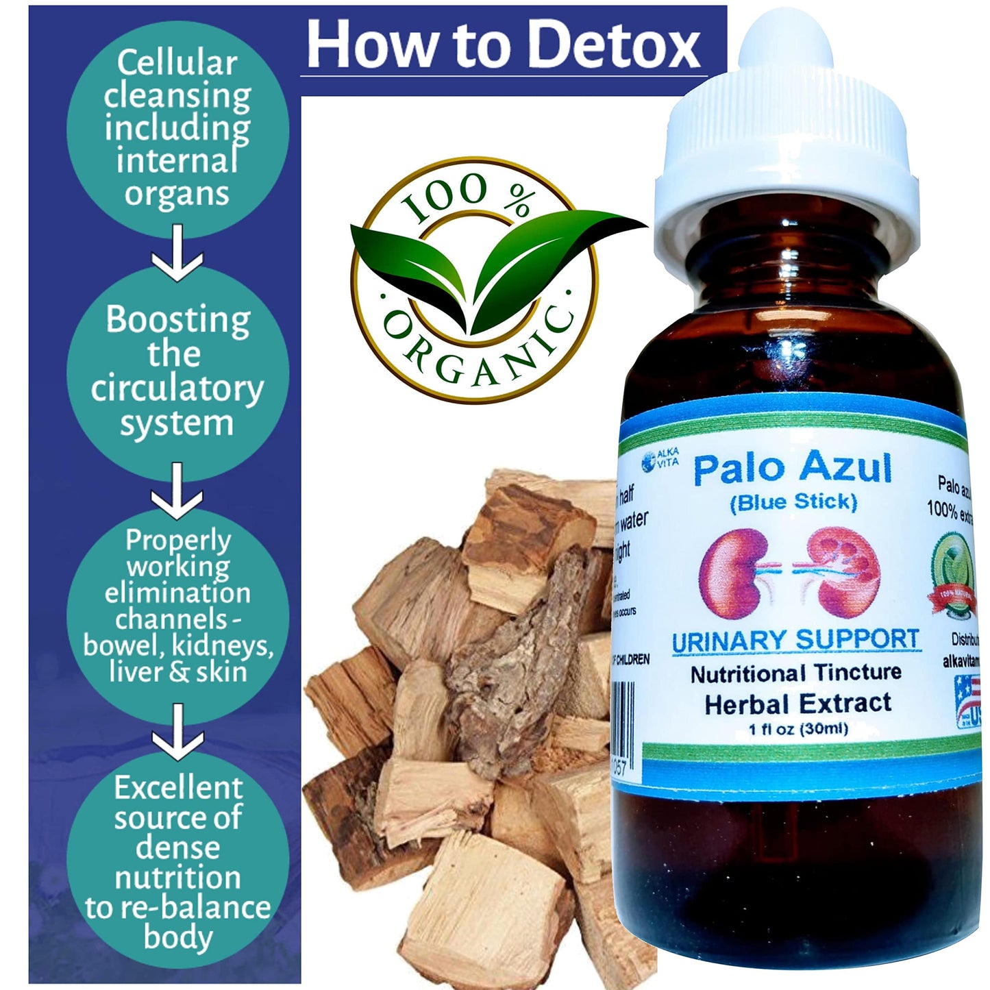 Kidney Support Detox Cleanse Flushing Palo Azul Herb Concentrate Drops Natural Organic Ingredients by ALKAVITA