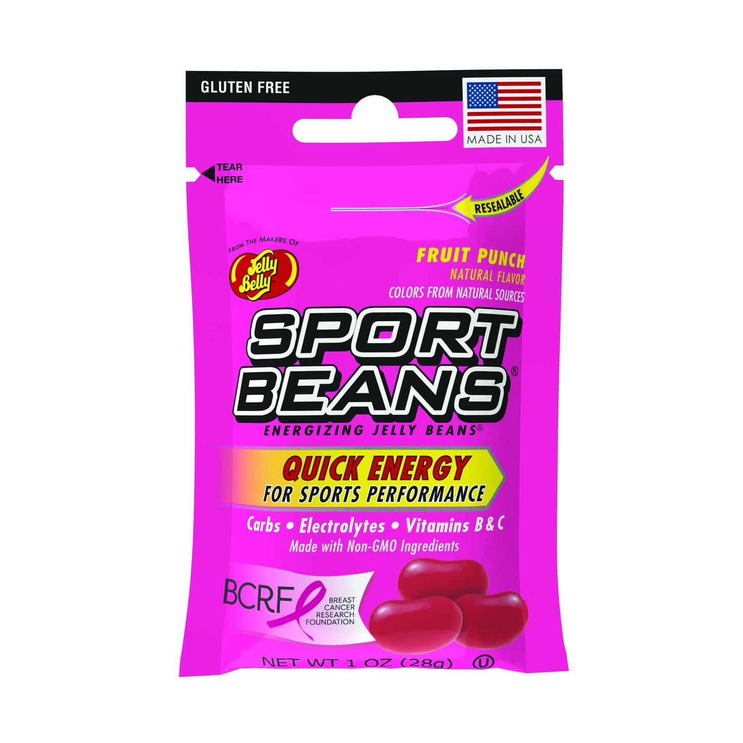 Sport Beans® Energizing Jelly Beans with Electrolytes and Vitamins, by Jelly Belly - Fruit Punch Flavor, Case of 24 x 1 Ounce Resealable Bags