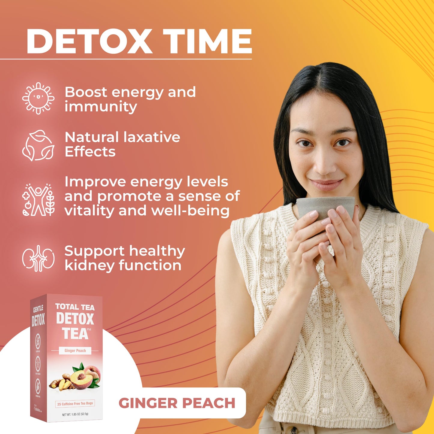 Total Tea SIimming Detox Tea Caffeine Free - 25 Day Detox Tea - Herbal SIim Tea with Chamomile, Hibiscus Tea & Ginger Root for Colon Cleanse - Natural Herbal Ginger & Peach Tea for Digestive Health (25-Pack, Ginger & Peach)