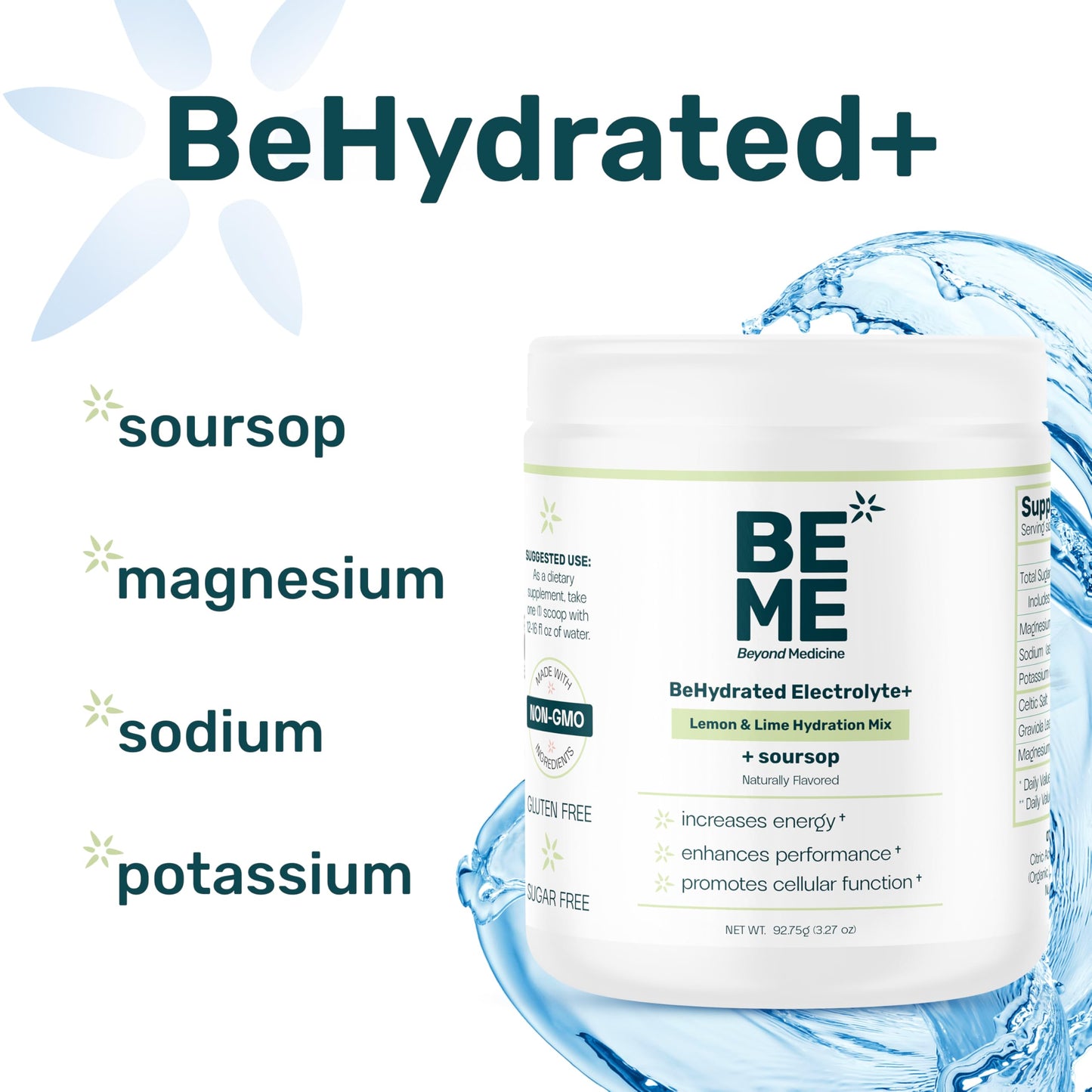 BeHydrated Soursop Electrolyte+ Mix | Hydration & Recovery Support with Magnesium, Potassium & Celtic Salt | Sugar Free with Soursop Leaf Powder | Lemon & Lime Flavor