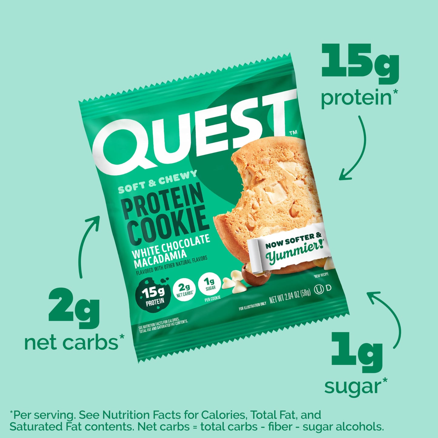 Quest Nutrition White Chocolate Macadamia Protein Cookie, 15g Protein, 1g Sugar, 2g Net Carbs, Keto Friendly, High Protein, Low Carb; 12 Count