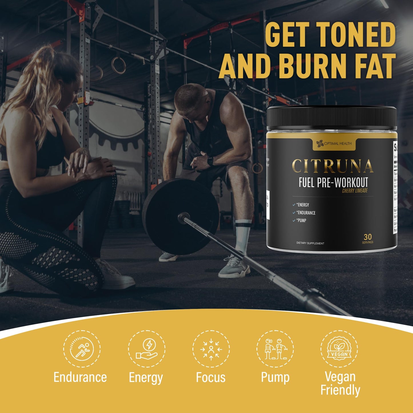 Citruna Fuel Pre Workout Mix and Energy Supplement, Zero Sugar Drink with B-Complex Vitamins to Boost Strength, Sharpen Focus, and Increase Endurance - 30 Servings, Cherry Limeade Flavor
