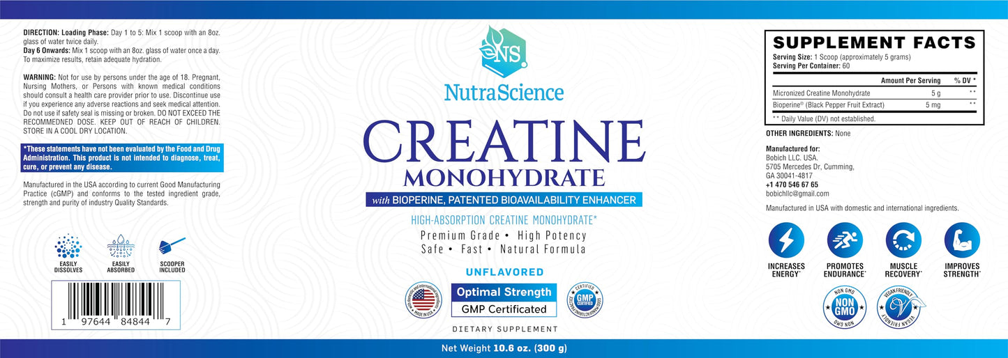 NutraScience Creatine Monohydrate Powder with BioPerine, Supports Lean Muscle Growth and Recovery, 60 Servings, 5000mg Per Serving, Unflavored, GMP sertified, Vegan Friendly, Non GMO