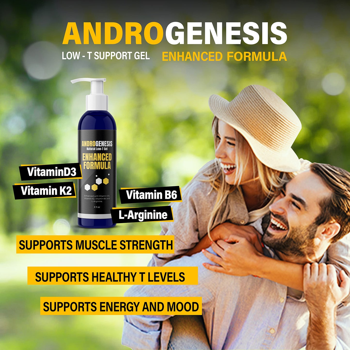 ANDROGENESIS Enhanced Formula - Low T Support Gel - T Booster for Men - Muscle Recovery, Energy Booster, Healthy Aging - Now with Vitamins D3, K2, B6 and L-Arginine