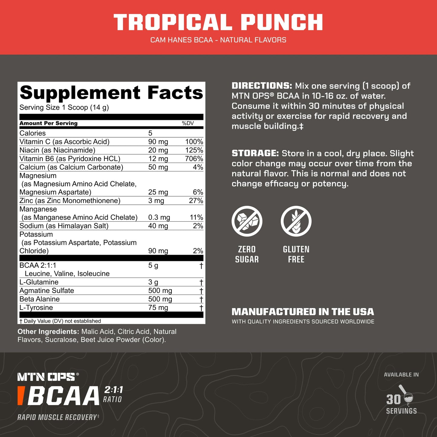 MTN OPS BCAA Powder, 2:1:1 Amino Acids Supplement Powder for Rapid Muscle Recovery & Repair with Zero Sugar & Gluten Free - 30-Serving Tub Tropical Punch Flavor, Cameron Hanes Keep Hammering Series