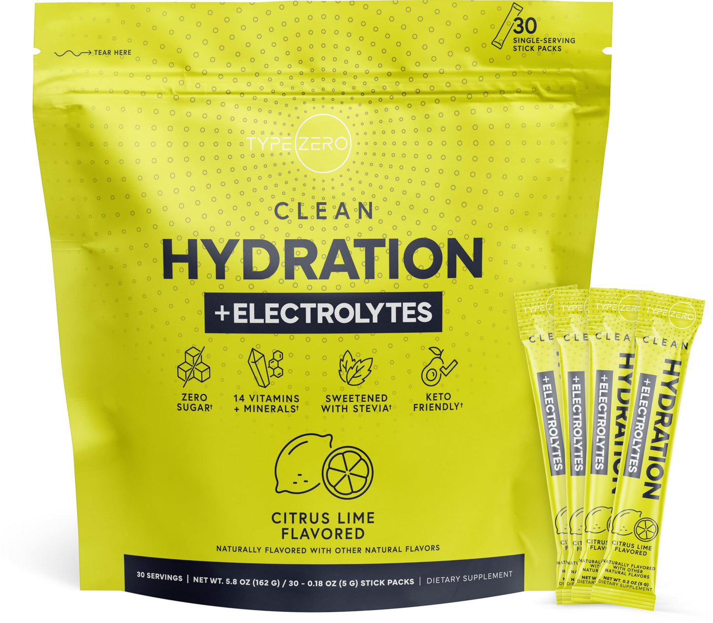 Type Zero Clean Hydration + Electrolytes Drink Mix (30 Single-Serving Packets) (Citrus Lime Flavored) - Advanced Hydration for Any Occasion
