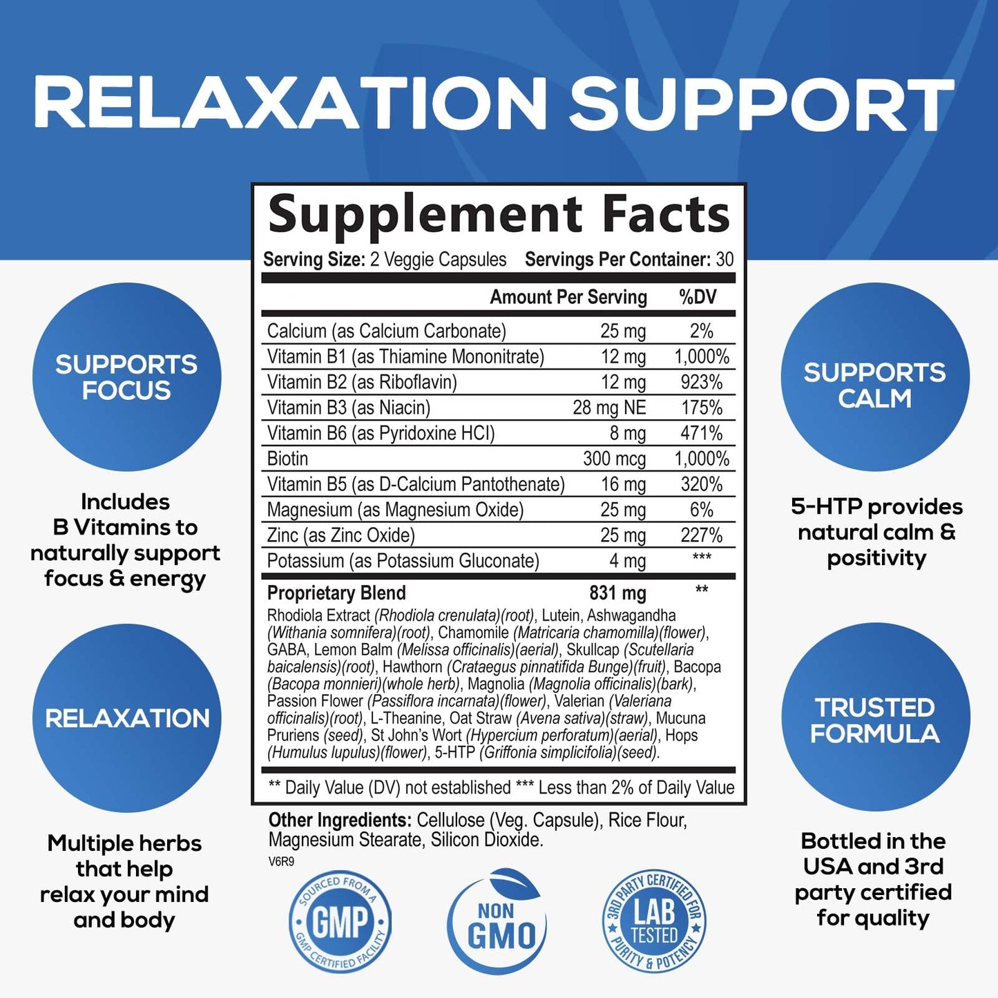 Natural Calm, Unwind & Relax Support with Ashwagandha, GABA, Magnesium, 5-HTP, L-Theanine & B Vitamins, Natural Focus, Energy & Immune Support - Nature's Non-GMO, Vegan, Gluten Free - 60 Capsules