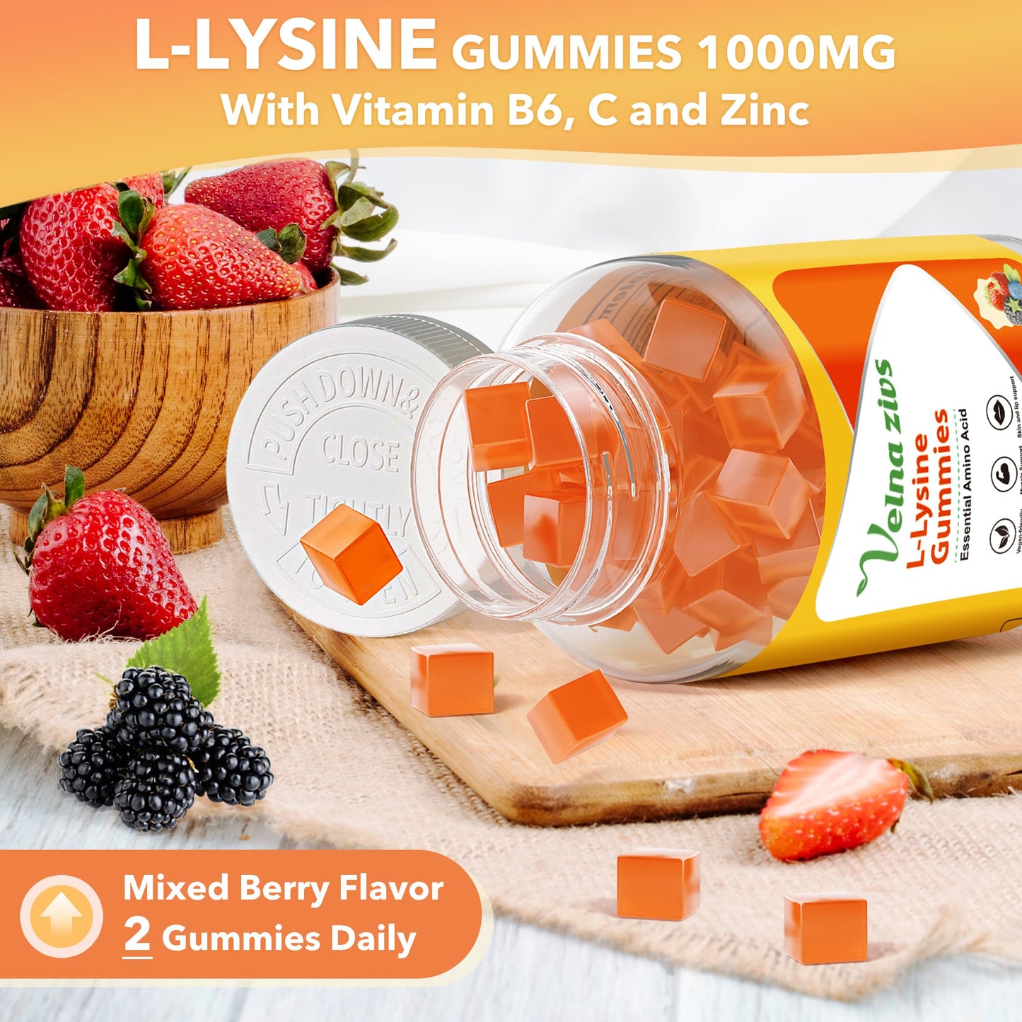 Velna zivs Lysine 1000mg Square-Shaped Gummies - Immune Support & Healthy Skin with Vitamin C B6-60 Vegan Doses, Non-GMO, Gluten/Gelatin Free