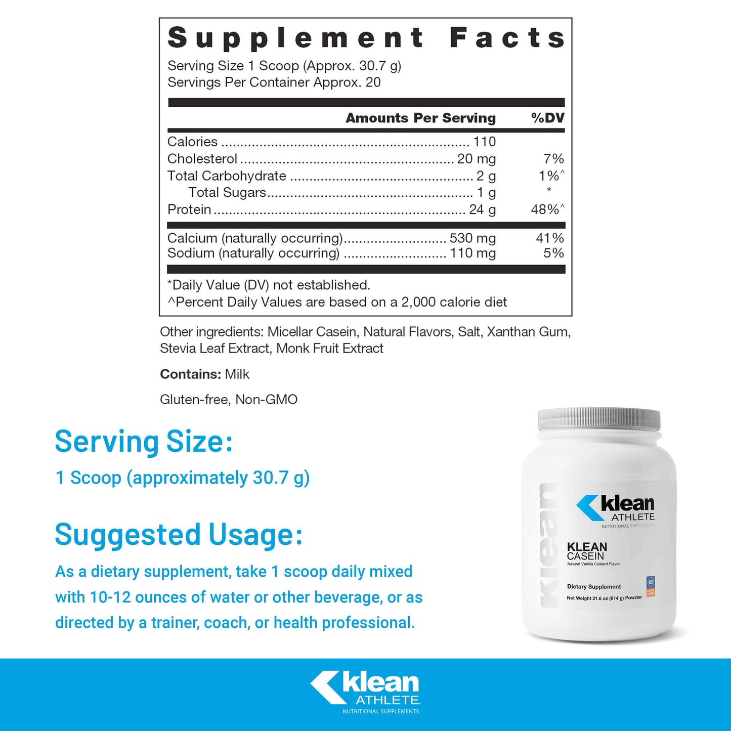 Klean ATHLETE | Klean Casein Protein | Designed to Help with Recovery and Reduce Muscle Breakdown.* | NSF Certified for Sport | 21.6 Ounces | Natural Vanilla Custard Flavor