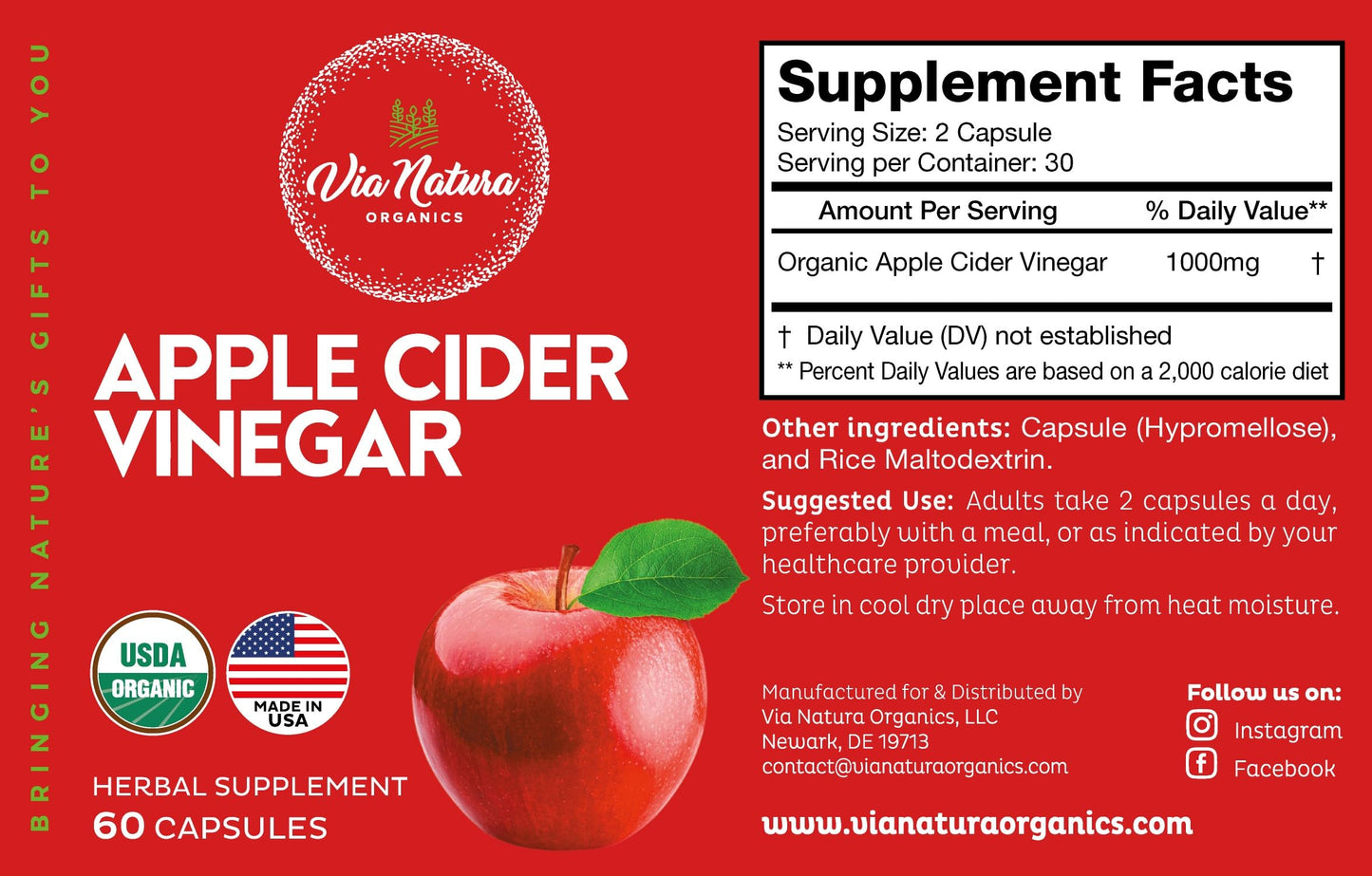 Via Natura Organics Apple Cider Vinegar Capsules 1000mg | Organic Herbal Supplement | 60 Capsules