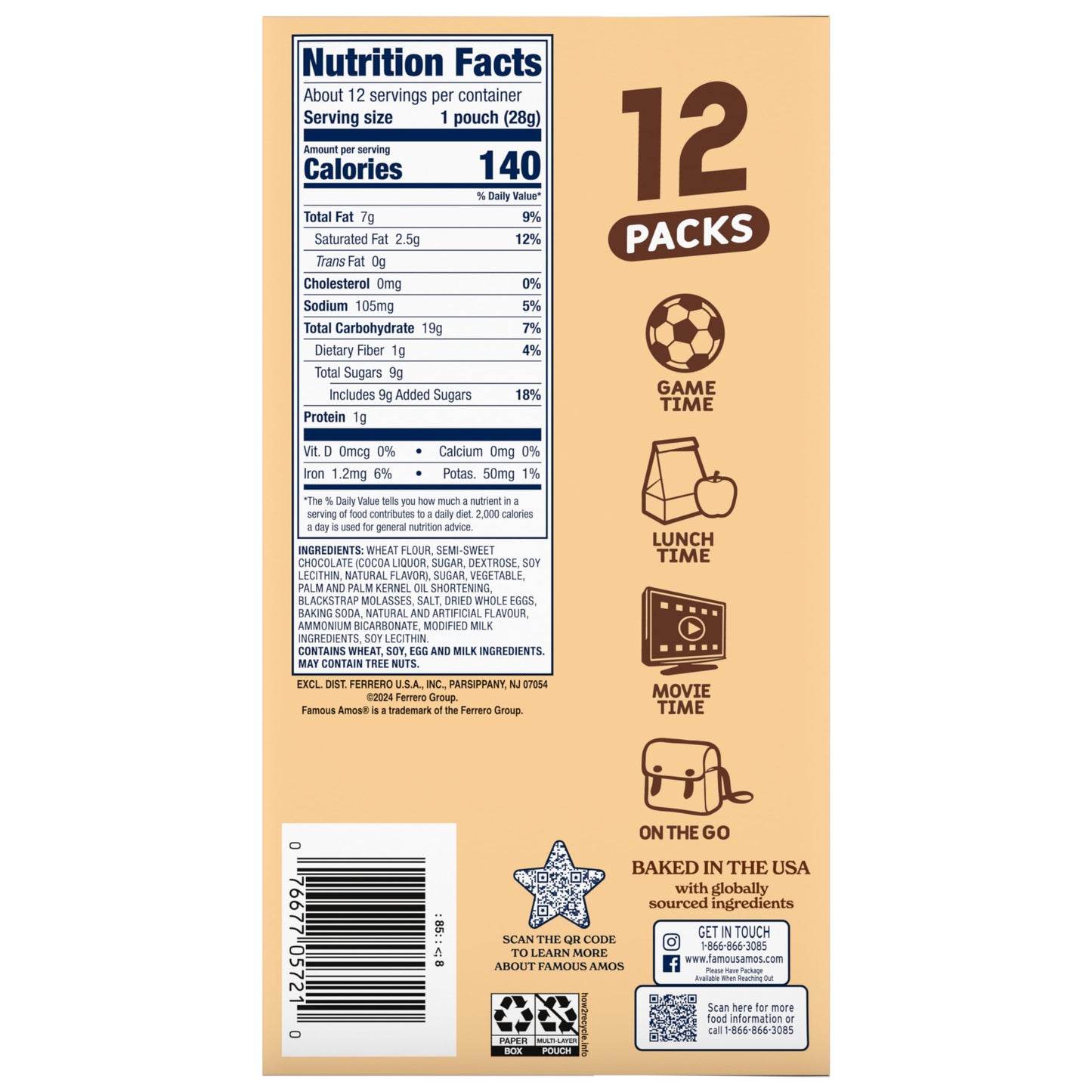 Famous Amos Classic Chocolate Chip Cookies 1 Ounce Bag Pack of 12