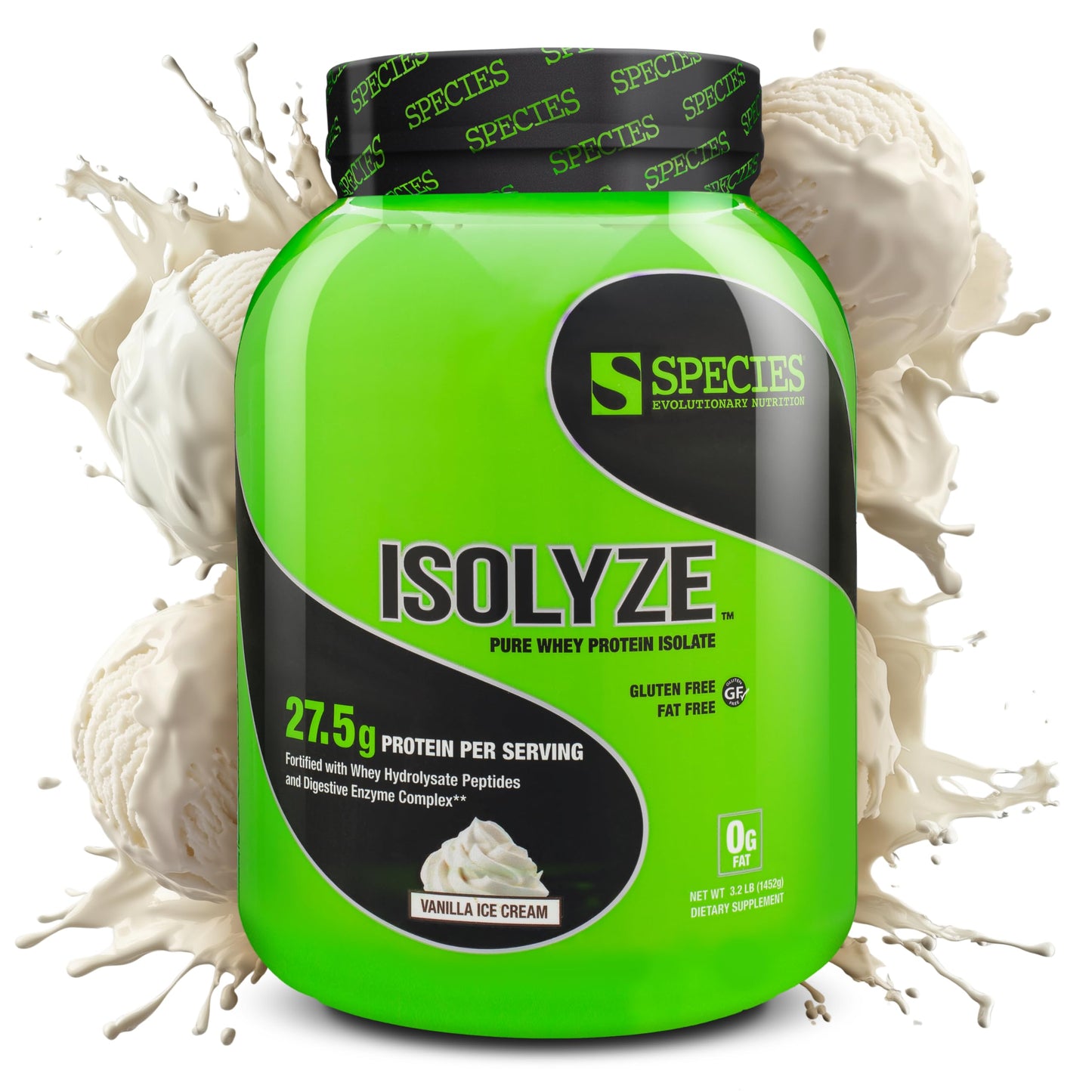 Species Nutrition Isolyze Whey Protein Powder, 100% Whey Isolate for Muscle Building, 27.5g Protein Per Scoop, No Sugar & Low Fat (Vanilla Ice Cream, 44 Servings)