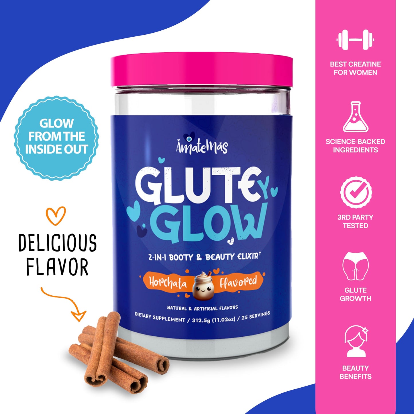 Amatemas Glute Y Glow, Creatine for Women 2-in-1 Booty & Beauty Elixir W/Creatina para Glúteos┃Supports Faster Hair Growth, Stronger Nails & Glowing Skin - Horchata Flavor