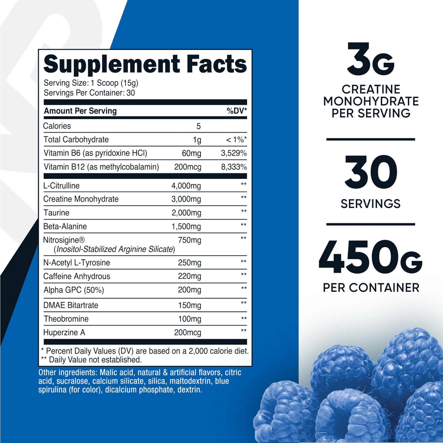 Nutricost Pre-C Pre-Workout Complex with Creatine (Blue Rasberry | 30 Servings) Powder - Boost Fintess Routines, 450g