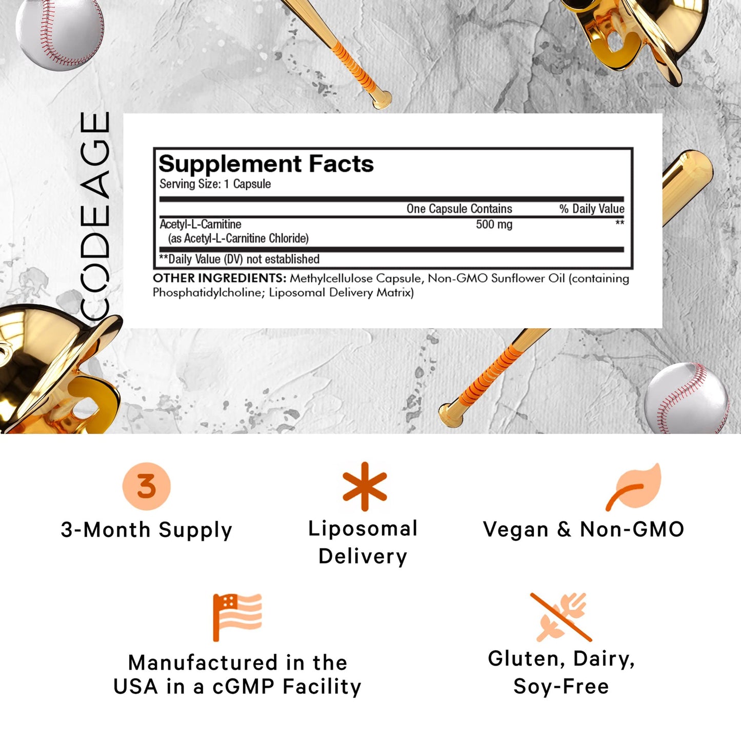 Codeage Liposomal Acetyl-L-Carnitine+ Supplement - 500 mg Acetyl-L-Carnitine per Serving - 3-Month Supply, Liposomal Delivery - Alcar Supplement - L-Carnitine - Non-GMO, Gluten-Free, 90 Capsules