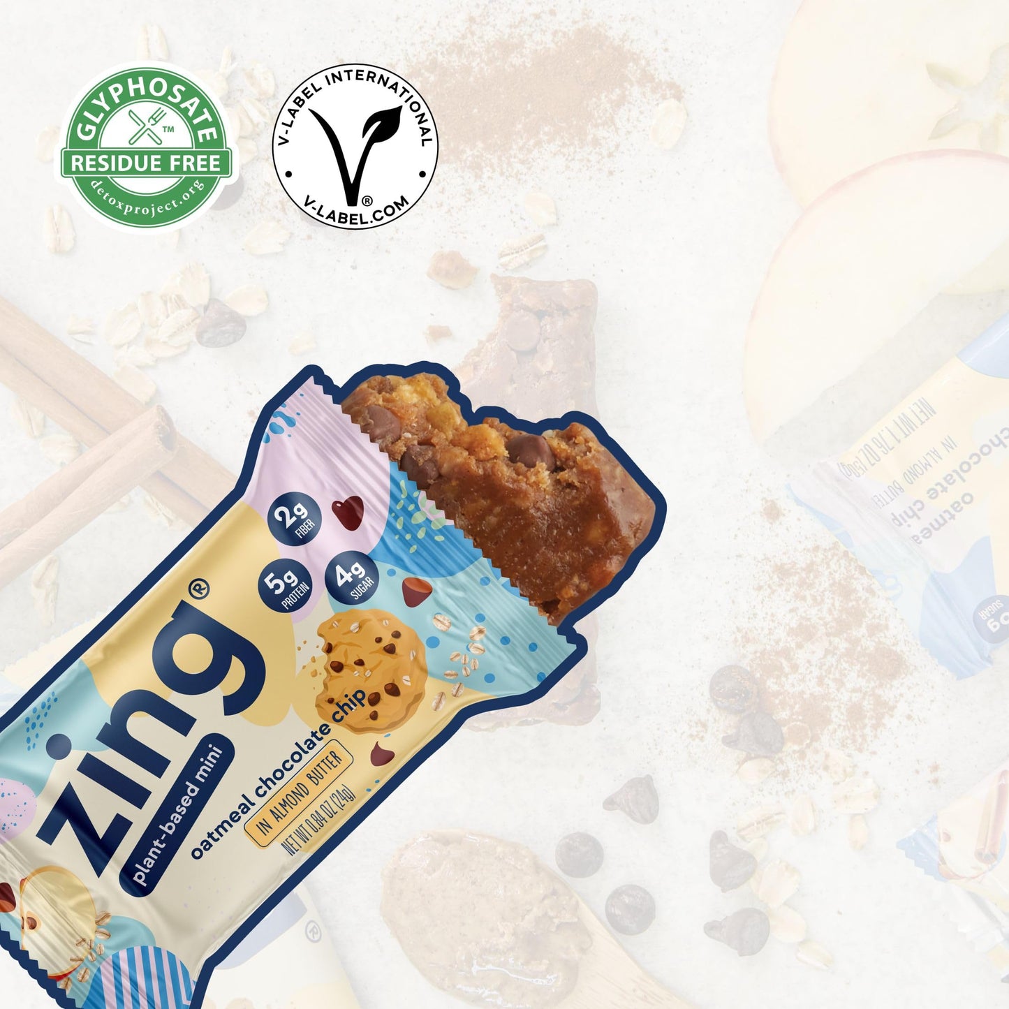Zing Oatmeal Chocolate Chip Kids Protein Bars, Gluten Free 100 Calorie Mini Bars with High Protein, Vegan Nutrition Bars, Dairy Free Plant Based Protein, Low Sugar, No Sugar Alcohols - 18 count