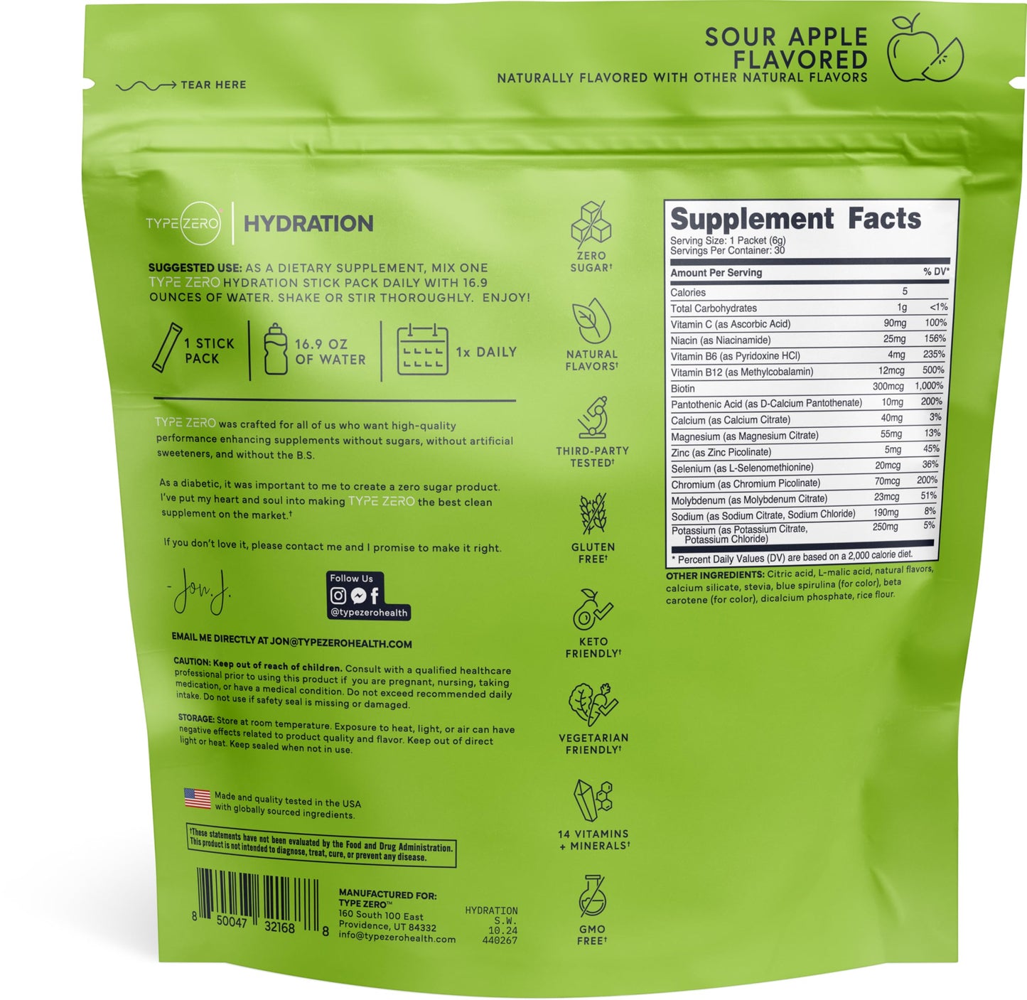 Type Zero Clean Hydration + Electrolytes Drink Mix (30 Single-Serving Packets) (Sour Apple Flavored) - Advanced Hydration for Any Occasion