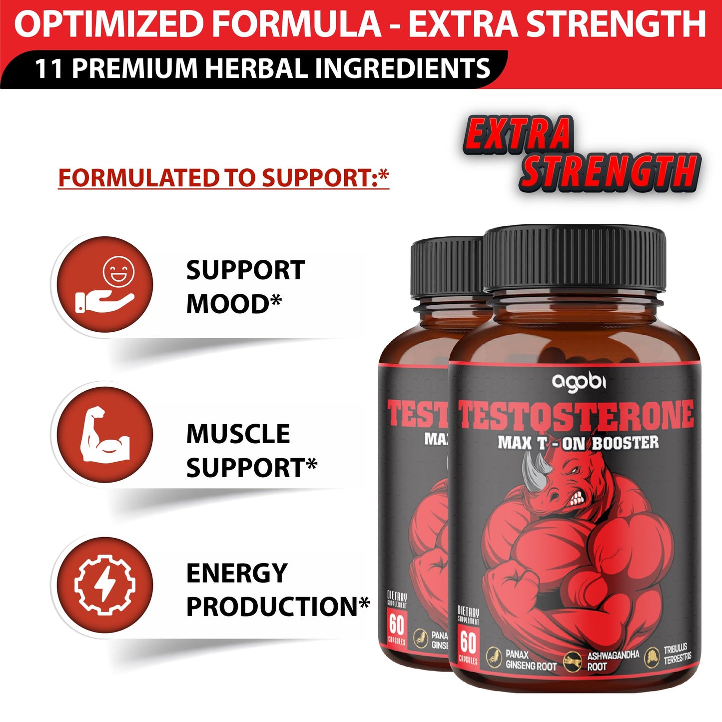 2 Packs 60 Capsules - Testosterone Booster for Men, Muscle Build, Energy & Endurance Support - 11 Herbs Combined with Ginseng, Ashwagandha, Tribulus & More