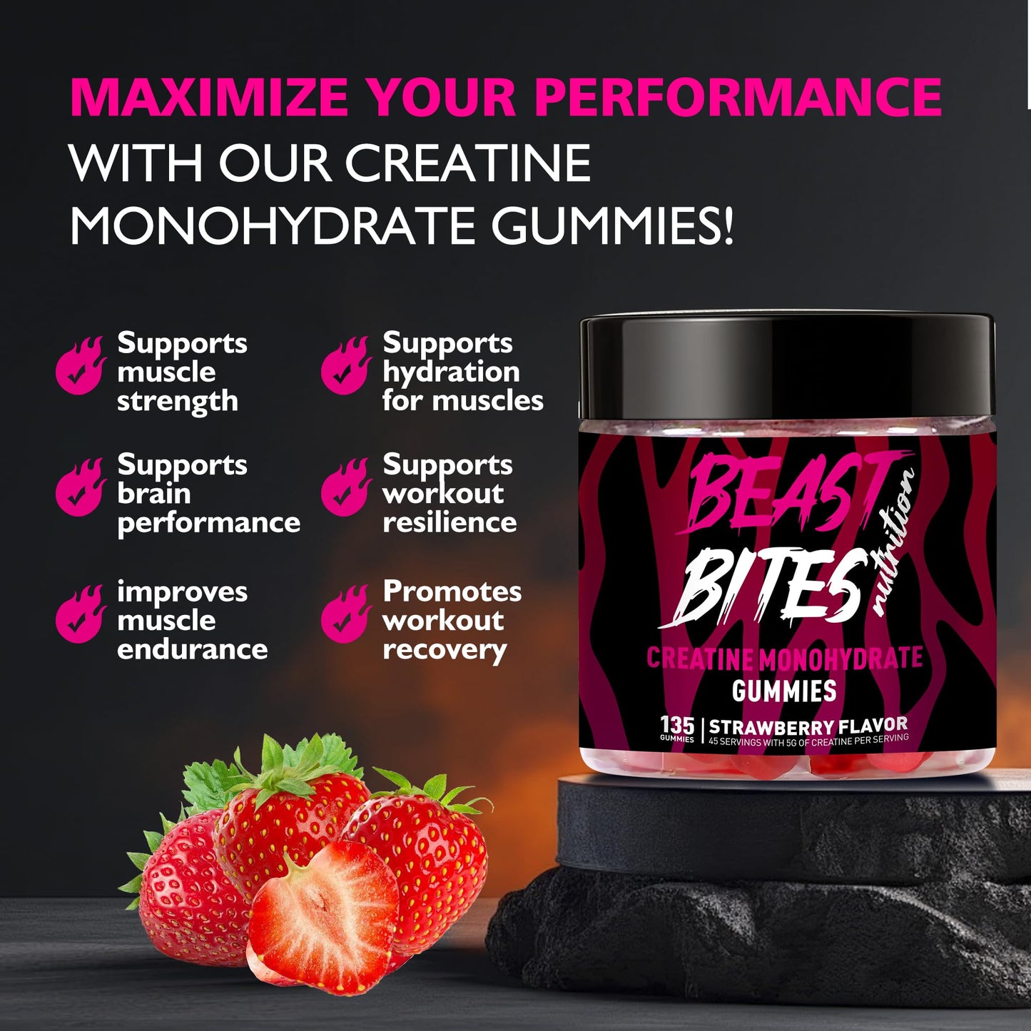 BEAST BITES Nutrition Creatine Monohydrate Gummies for Men & Women - 5g of Creatine Monohydrate per Serving - Sugar Free,Vegan, Strawberry Flavor, 135 Count (45 Servings)