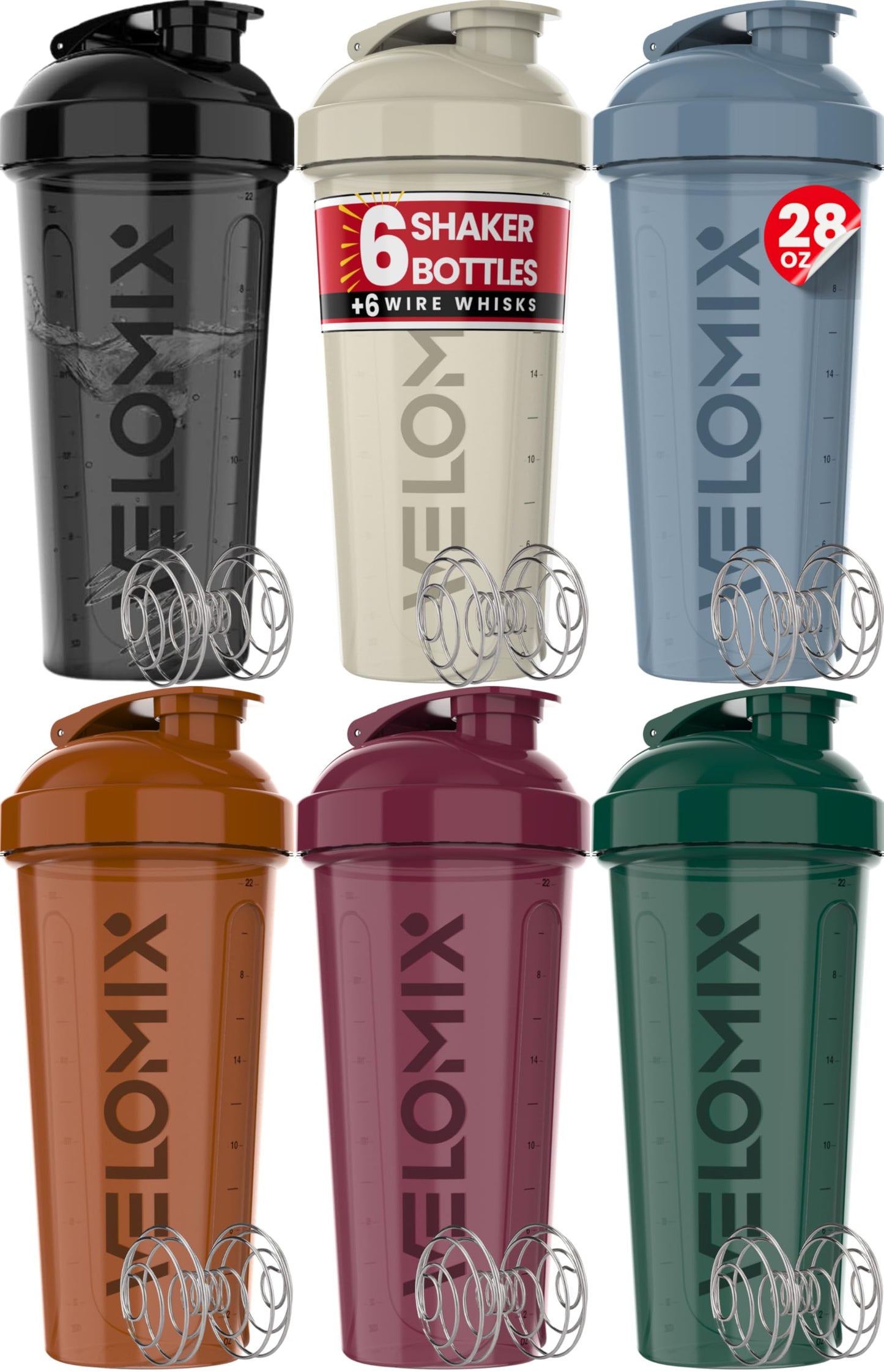 VELOMIX -6 PACK- Shaker Cups for Protein Shakes 28 oz - 6x Wire Whisk | Leak Proof Protein Shaker Bottle for Protein Shakes, Shaker Bottle Pack for Pre & Post Workout, Shaker Cup