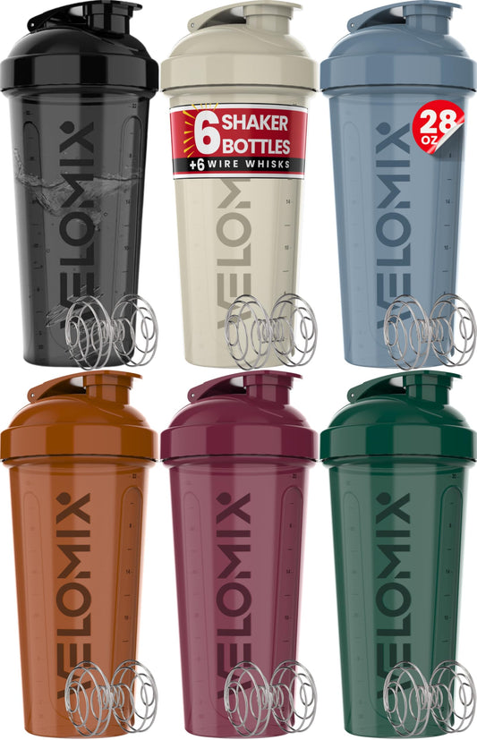 VELOMIX -6 PACK- Shaker Cups for Protein Shakes 28 oz - 6x Wire Whisk | Leak Proof Protein Shaker Bottle for Protein Shakes, Shaker Bottle Pack for Pre & Post Workout, Shaker Cup