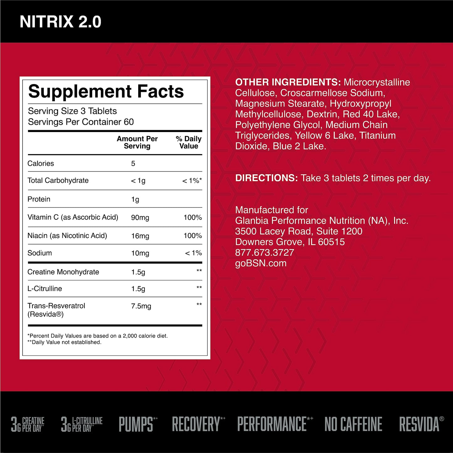 BSN NITRIX 2.0 - Nitric Oxide Precursors, 3g Creatine, 3g L Citrulline - Supports Workout Performance, Pumps, Muscle Recovery and Endurance - 180 Tablets