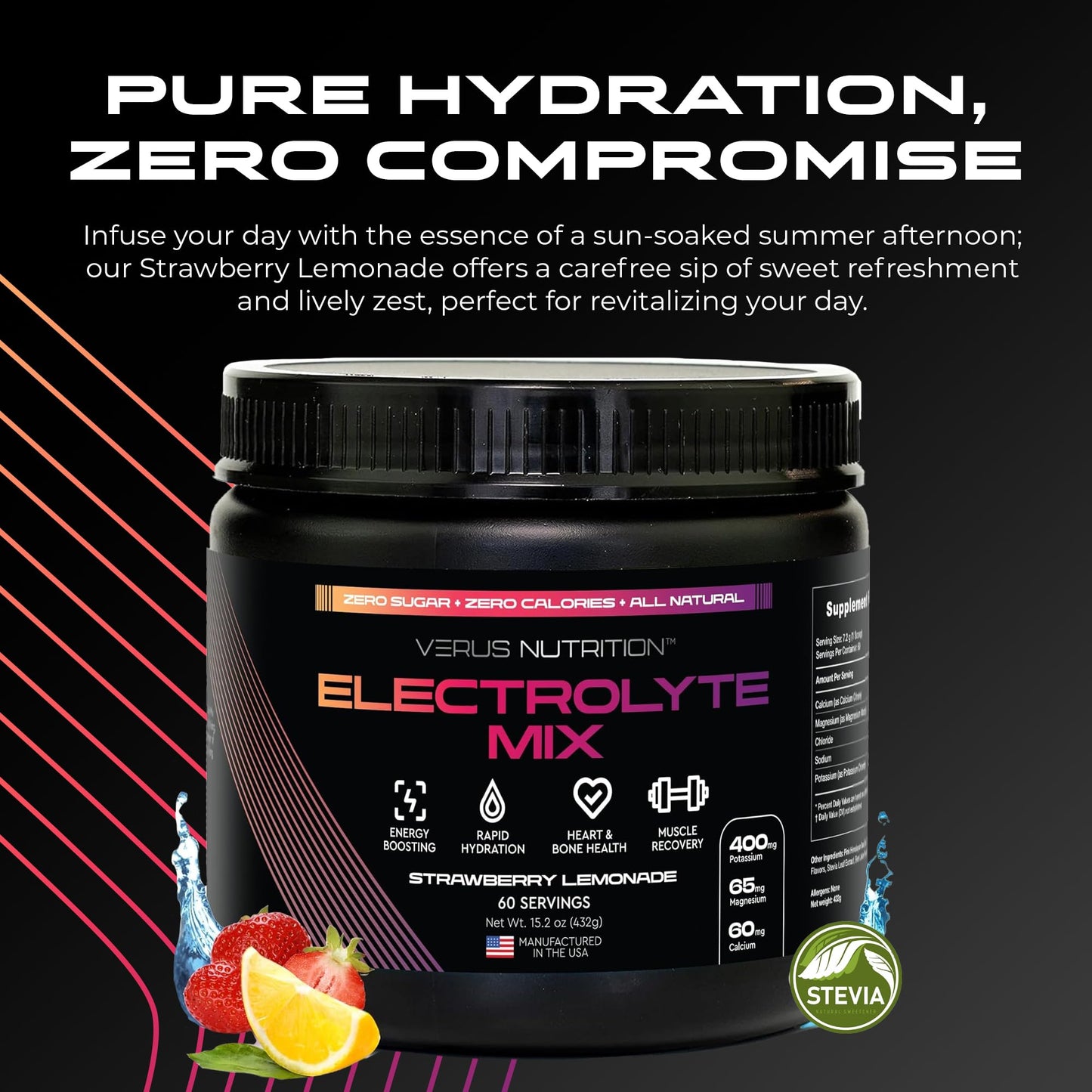 VERUS NUTRITION Electrolytes Powder No Sugar- Zero Calorie Hydration Powder | Sugar Free Electrolytes for Fasting, Keto & Vegan | Natural Ingredients Electrolyte Mix for Energy Boost, 60 Servings