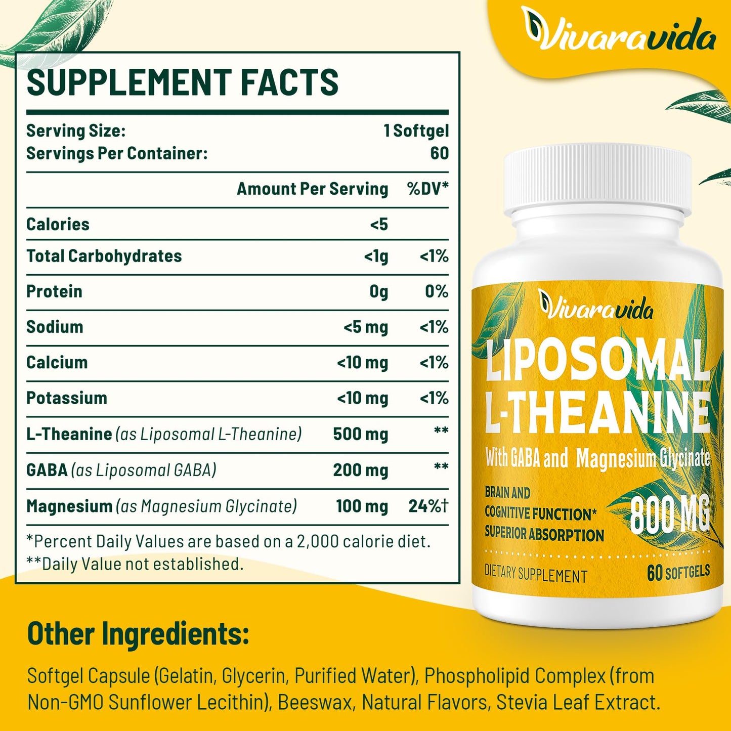 Vivaravida L-Theanine 800mg Supplement with GABA and Magnesium Glycinate - Natural Compound, Sleep and Relaxation (120 Softgels)