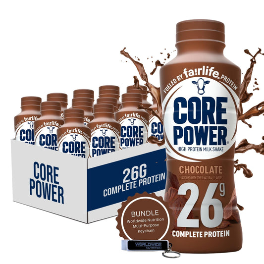 Worldwide Nutrition Bundle: Core Power Fairlife 26g Protein Milk Shakes - Ready To Drink for Workout Recovery - Chocolate Flavor, 14 Fl Oz (Pack of 12) and Multi-Purpose Key Chain