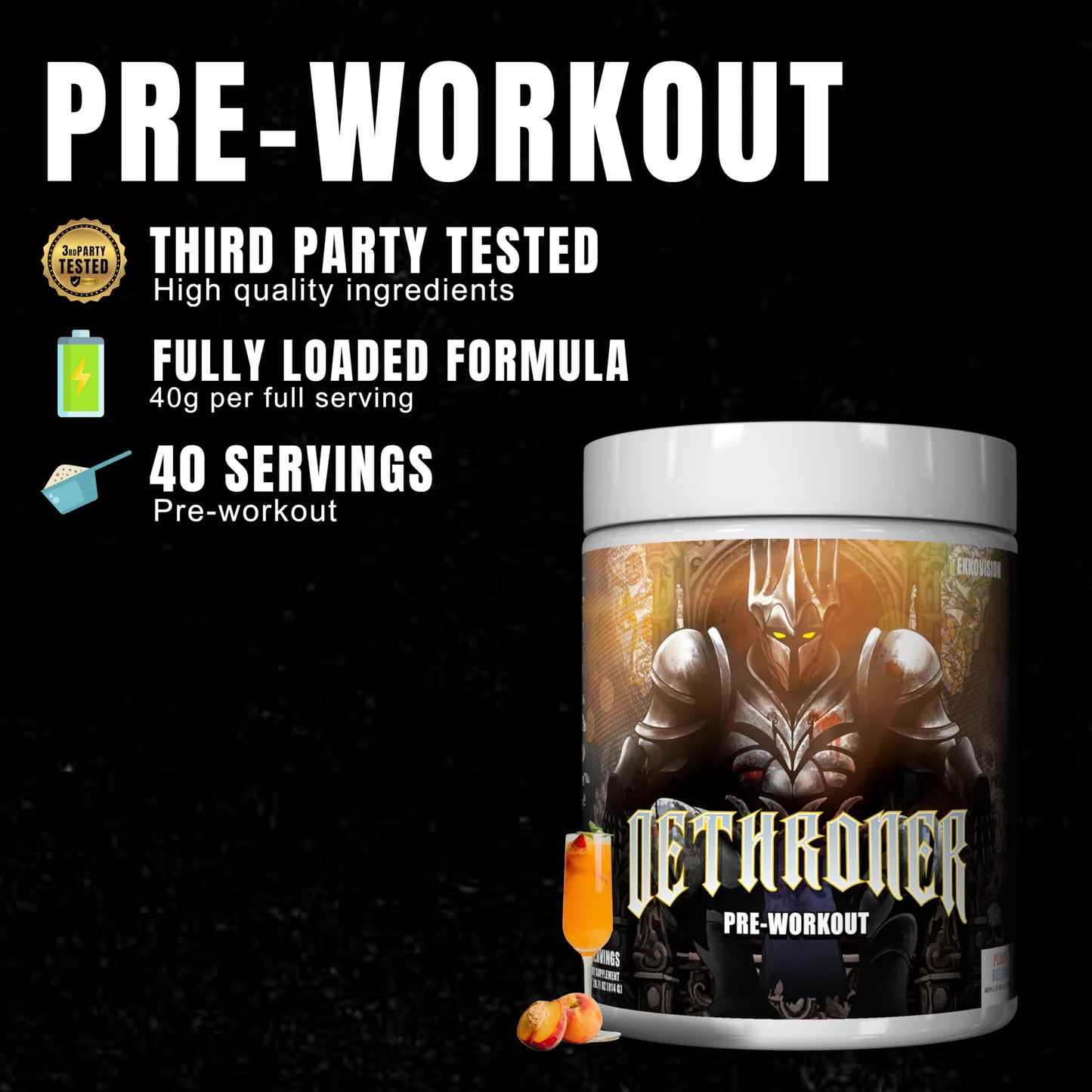 Ekkovision Pre Workout Dethroner with Tingle, Peach Candy Flavor, Preworkout for Men, Pre Workout Powder, Energy, Focus, Performance Support for Gym, Weightlifting, Running, Training, 30 Servings