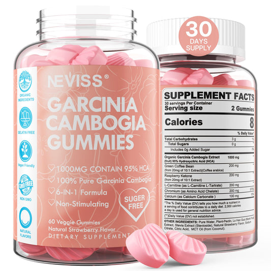 Sugar Free Garcinia Cambogia Gummies 1000mg 95% HCA Pure Extract with L-Carnitine, Raspberry Ketone, Chromium, Green Coffee Bean for Metabolism, 100% Organic Extract, Vegan, Strawberry Flavor 60 Cts