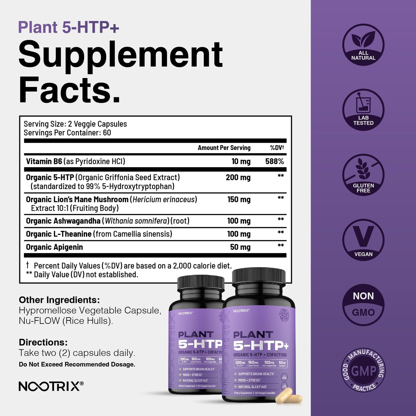 Organic Plant 5 HTP+ Cofactor, 200mg | Brain Supplement, Supports Mood, Cognitive Health & Better Sleep | Vitamin B6 & L Theanine | 360 Capsules