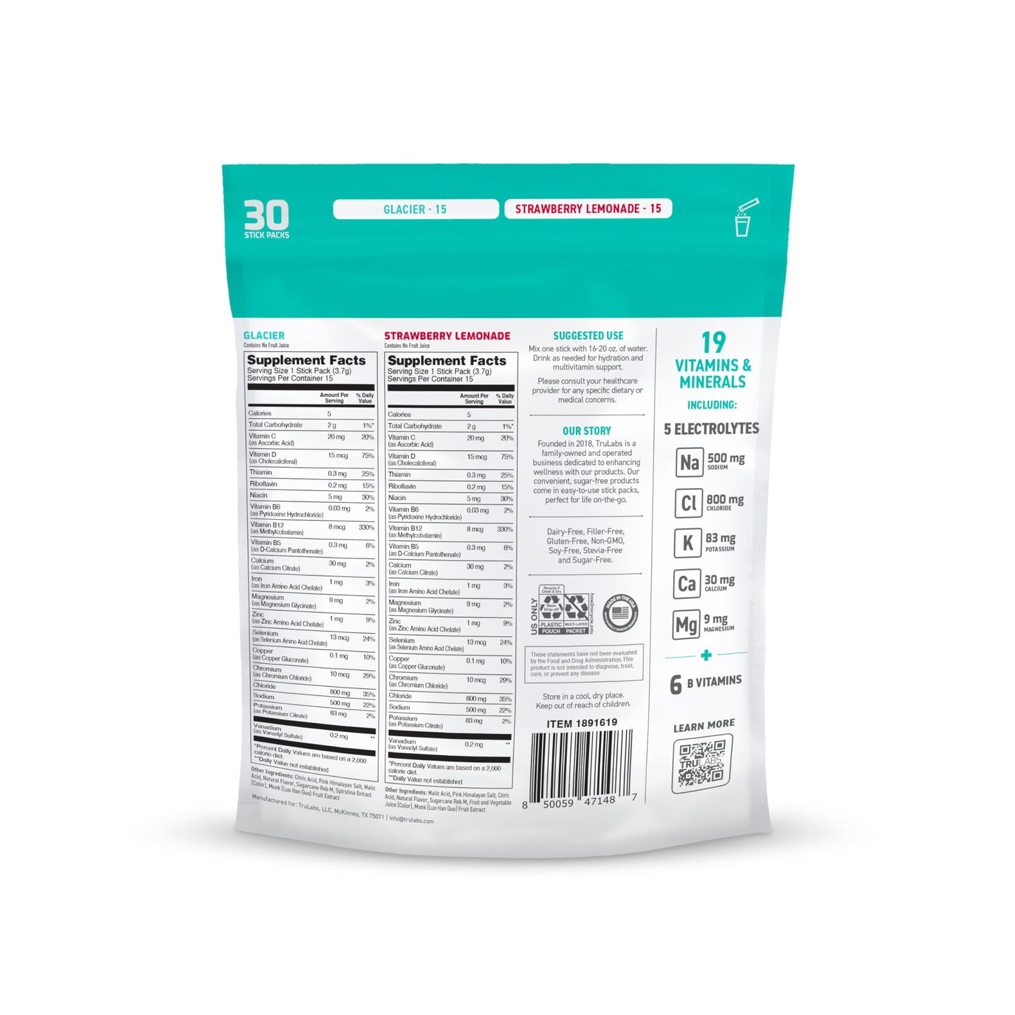 TRULABS Hydrate + Multivitamin 30ct - 2 Flavors - Glacier & Strawberry Lemonade. Sugar Free Electrolytes Hydration Packets. Each Serving Contains 1422 mg of Electrolytes &19 Vitamins & Minerals.
