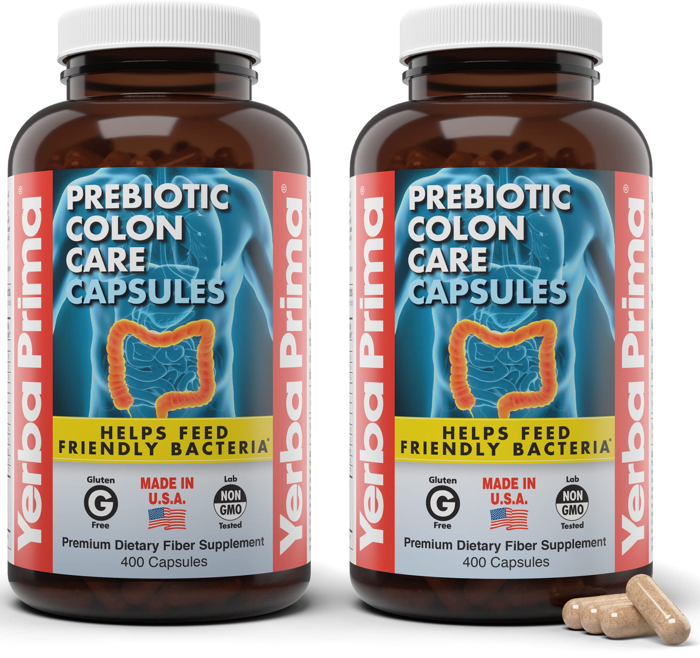 Yerba Prima Prebiotic Colon Care Capsules, 400 Caps (Pack of 2) - Five Forms of Dietary Fiber Supplement - Healthy Soluble & Insoluble Fibers for Regularity & Digestive Support