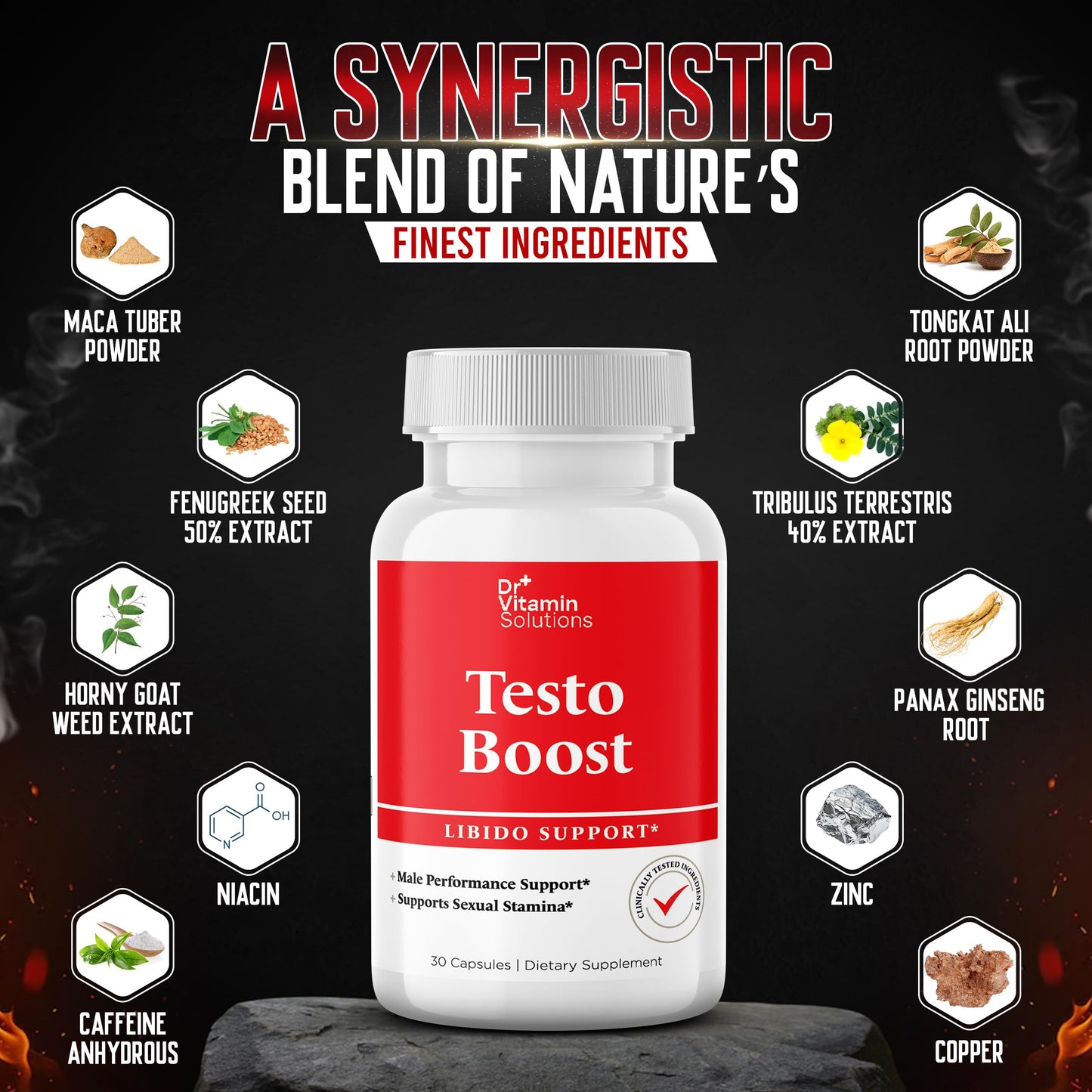 Dr. Vitamin Testo Boost Supplement for Men - Stamina, Endurance & Energy Enhancement - Male Testosterone Booster w/ Fenugreek, Tribulus, Tongkat Ali, Horny Goat Weed - 30 Capsules