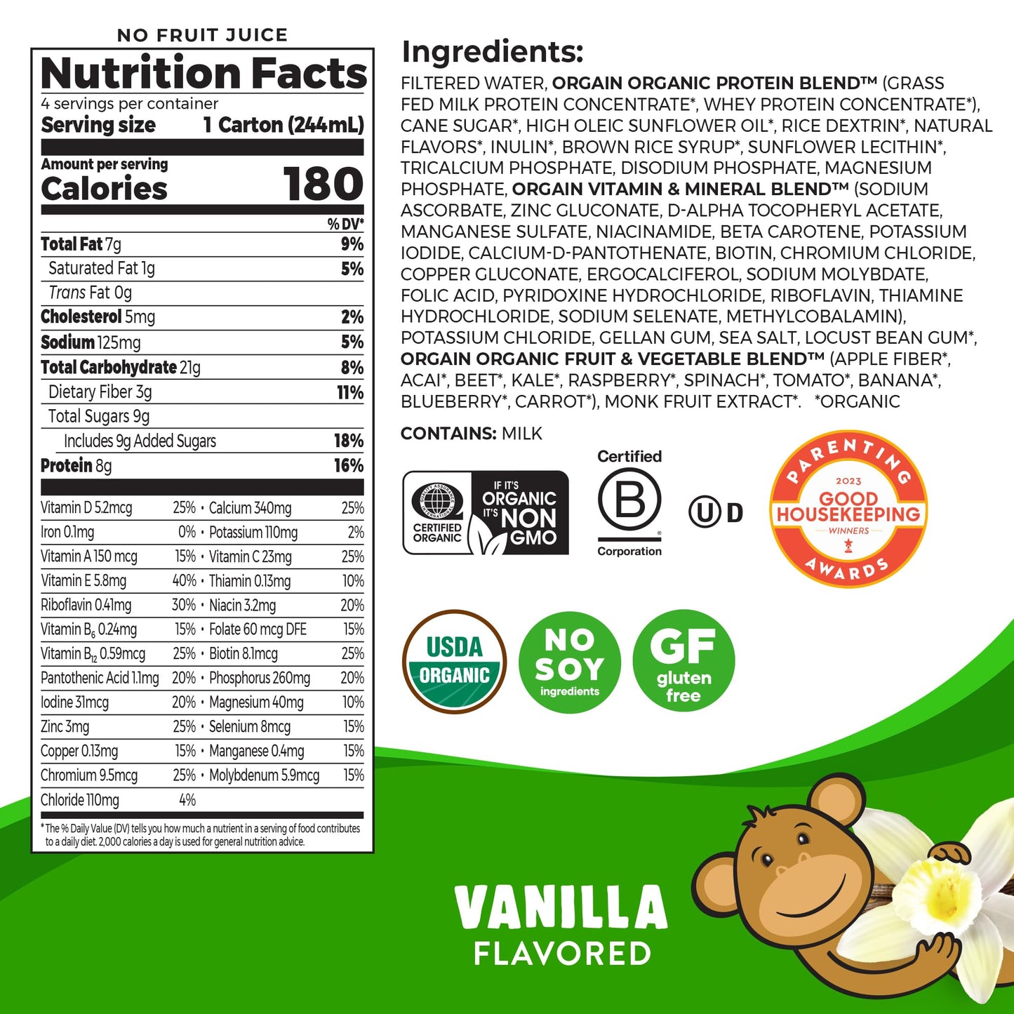 Orgain Organic Kids Nutritional Protein Shake, Vanilla, Healthy Kids Snacks, 8g Dairy Protein, 3g Fiber, 22 Vitamins & Minerals, No Soy ingredients, 8.25 Fl Oz (Packaging May Vary) (4 Pack)