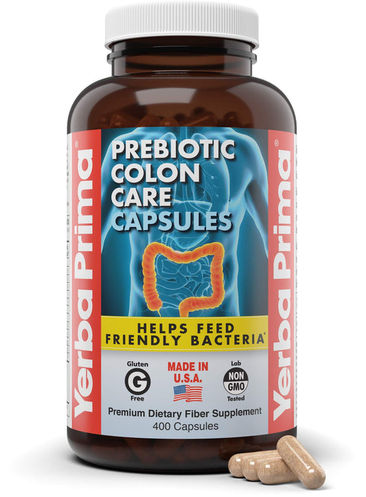 Yerba Prima Prebiotic Colon Care Capsules, 400 Caps - Five Forms of Fiber Plus FOS Pre-biotics - Dietary Health Supplement - Healthy Soluble & Insoluble Fibers for Regularity & Digestive Support