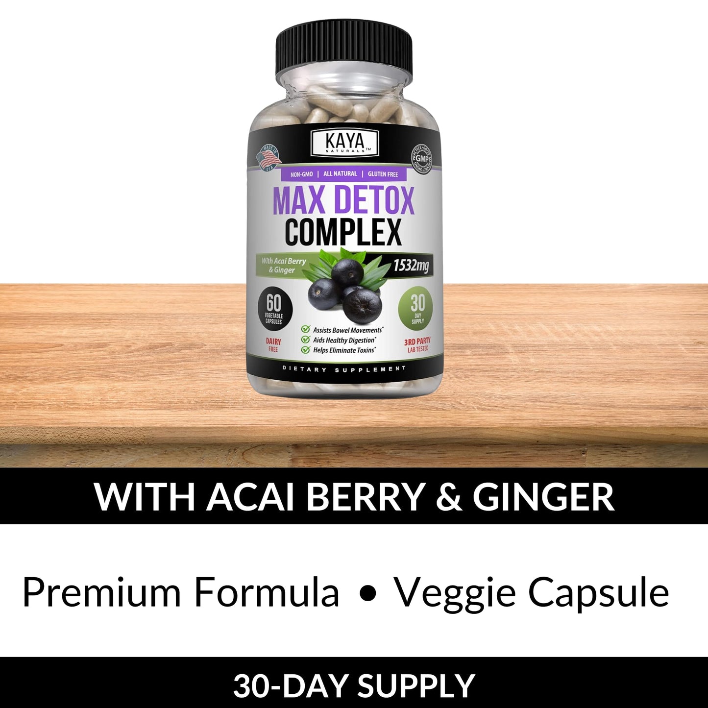 Kaya Naturals Max Detox Herbal Supplement - Natural Ingredients 1532 mg - Psyllium Powder, Acai Berry Extract, Ginger Root 60 Count