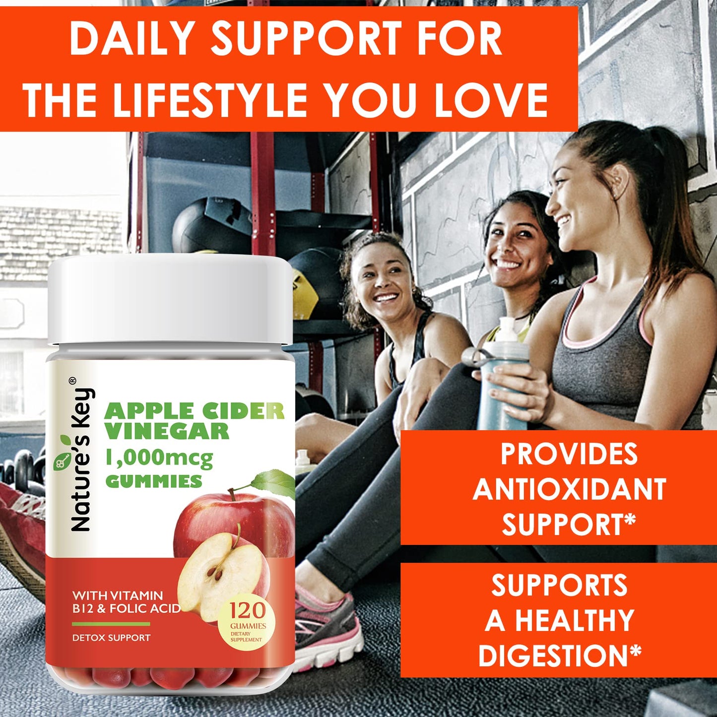 Nature's Key Apple Cider Vinegar Gummies 120 Count ACV Gummy with Folic Vitamin B6 B12 Beetroot & Pomegranate - Vegan, Non-GMO & Gluten-Free