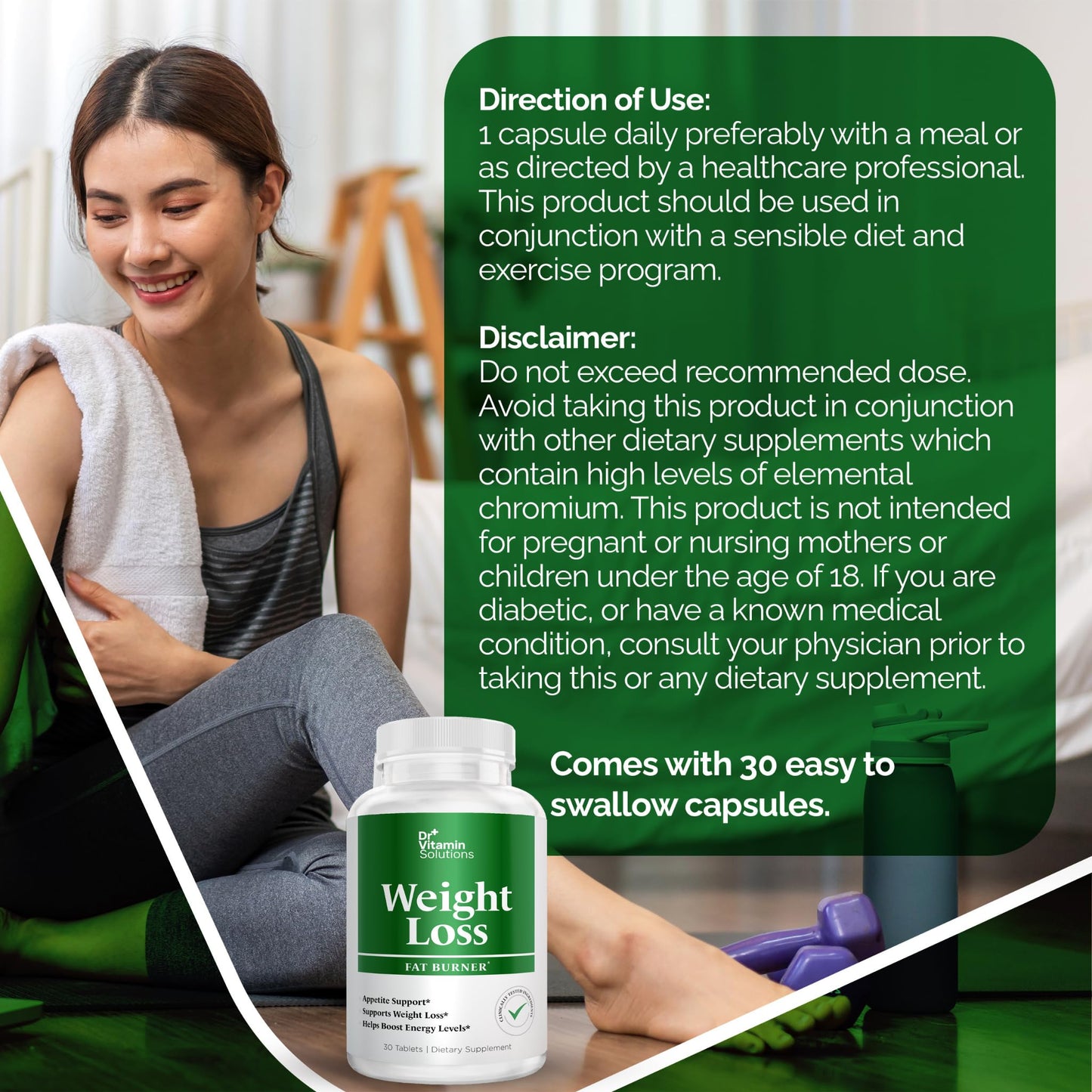 DR VITAMIN SOLUTIONS Weight Loss - Fat Burner & Appetite Support with Guarana, Green Tea, and Garcinia - 30 Tablets (1 Bottle, 30 Tablets)