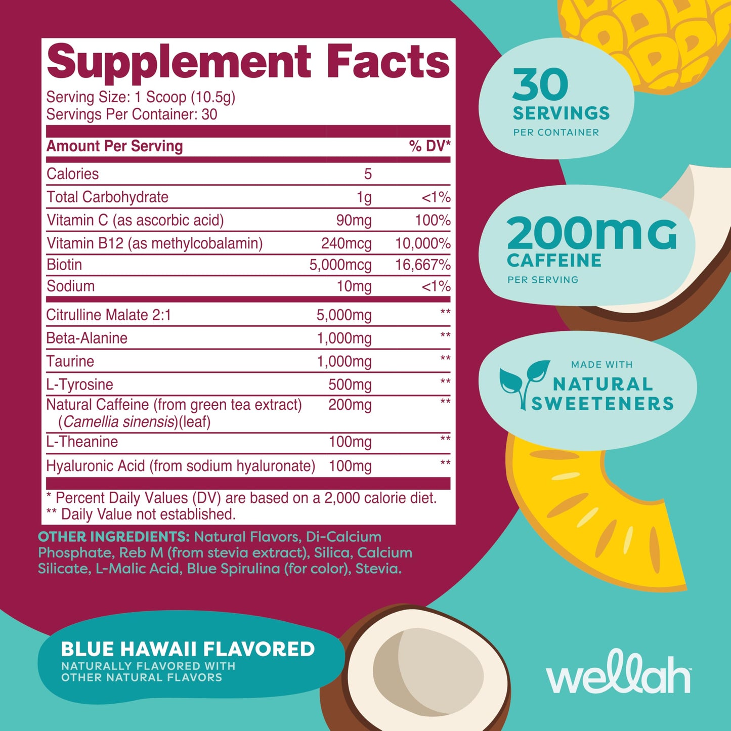 Wellah Get-Going Pre-Workout Drink Mix (Blue Hawaii Flavored, 30 Servings)