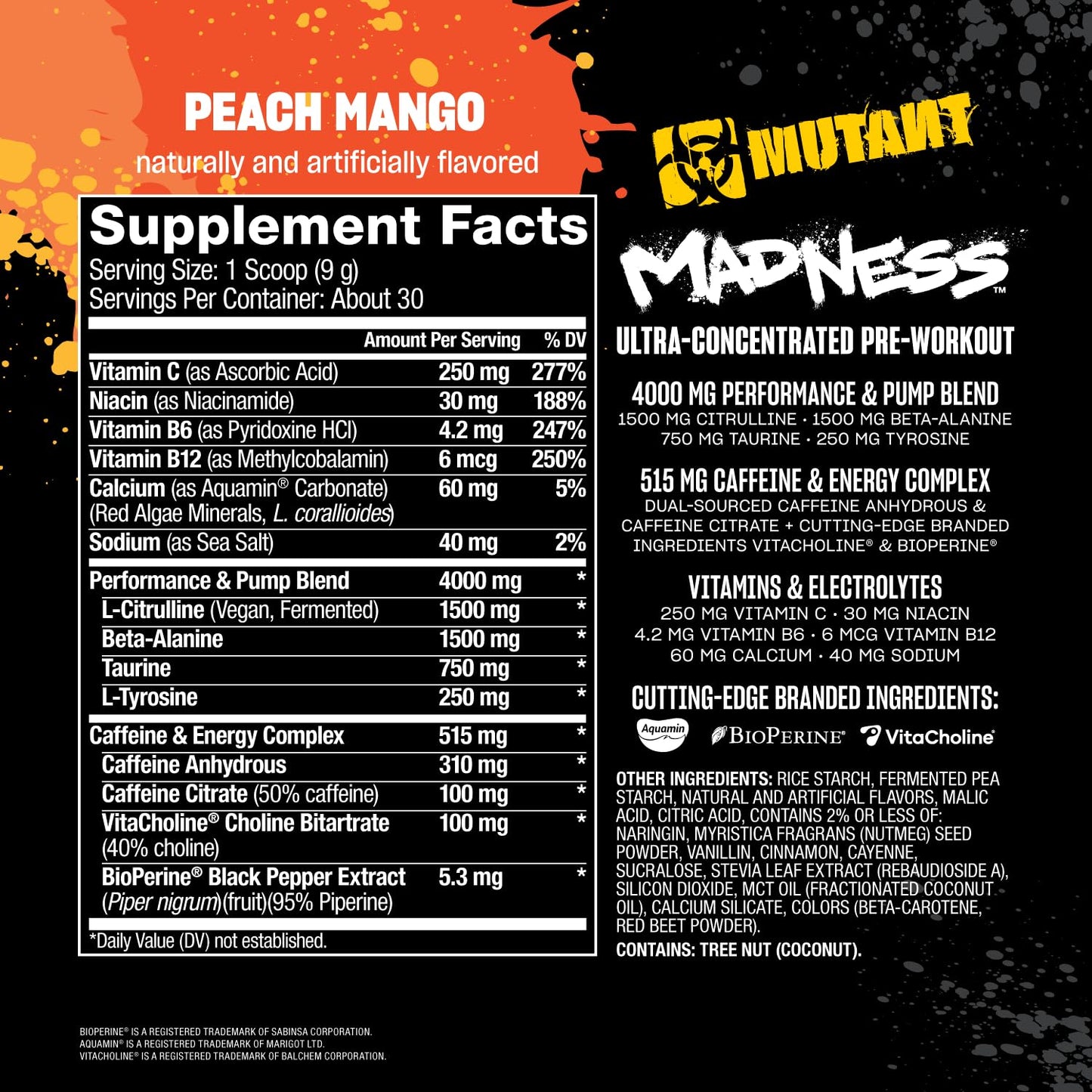 Mutant Madness | Pre Workout Powder Supplement Performance and Pump Blend Includes L-Citrulline, Beta-Alanine, Taurine, L-Tyrosine | 30 Serving | Peach Mango