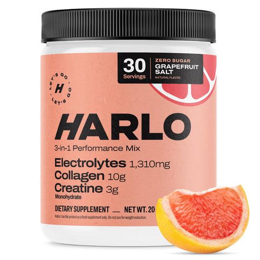 Harlo - Collagen & Creatine Electrolyte Drink Mix - Grapefruit Salt Flavor - Hydrating Pre & Post Workout Powder - Supports Skin, Joints & Muscle Recovery - Sugar-Free Energy Boost