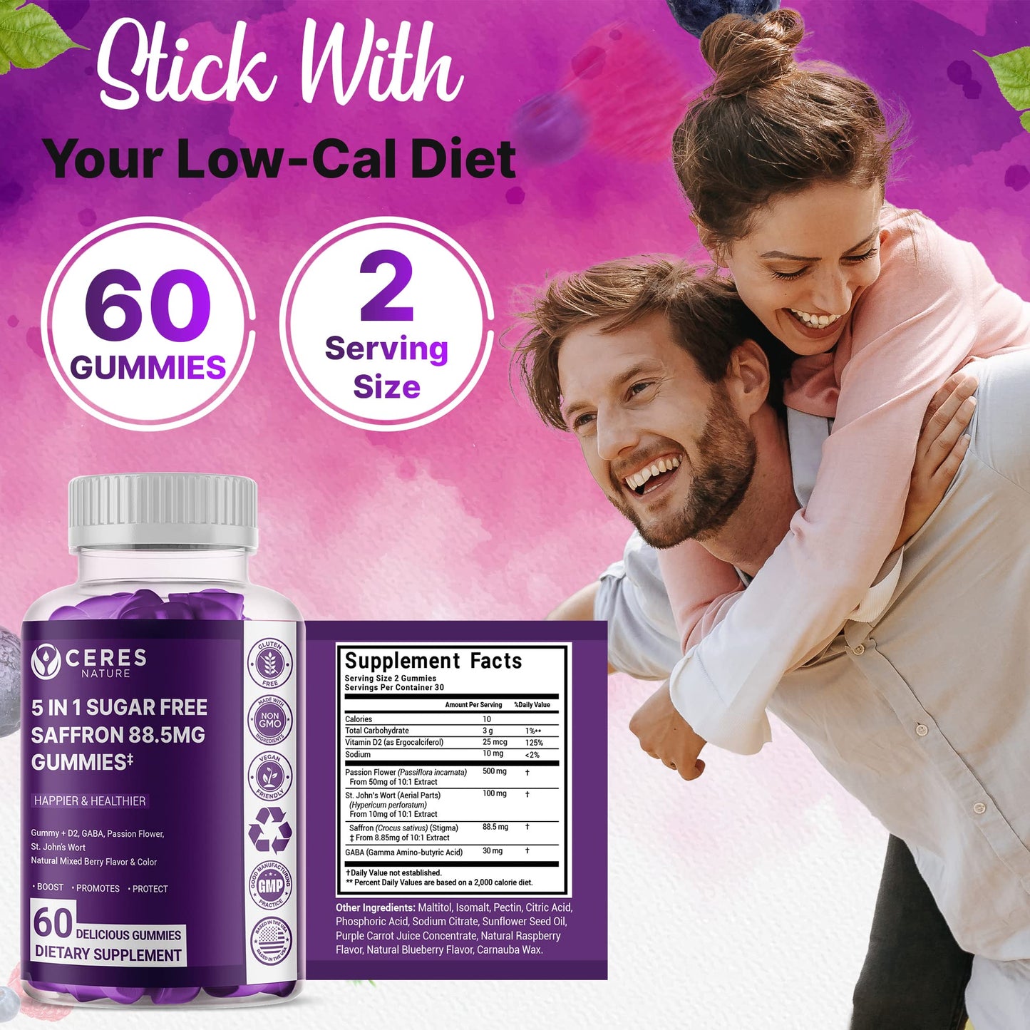 Premium Saffron Extract 88.5mg** Gummy - Appetite Control, Eye Support, Boost Energy & Heart Health NON-GMO - Gluten Free - Vegan Friendly- Sugar-Free Antioxidant Boost - Premium Quality - 60 Gummies