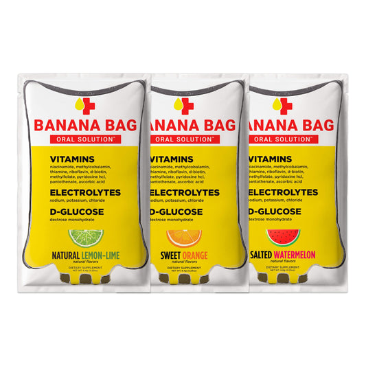 Banana Bag Oral Solution Packets - Variety Pack 15pk | A Refreshing Blend of Electrolytes, Vitamin C, and B-Complex | Crafted for Hydration and Energy Anytime, Whether at Home, Work, or on The Go