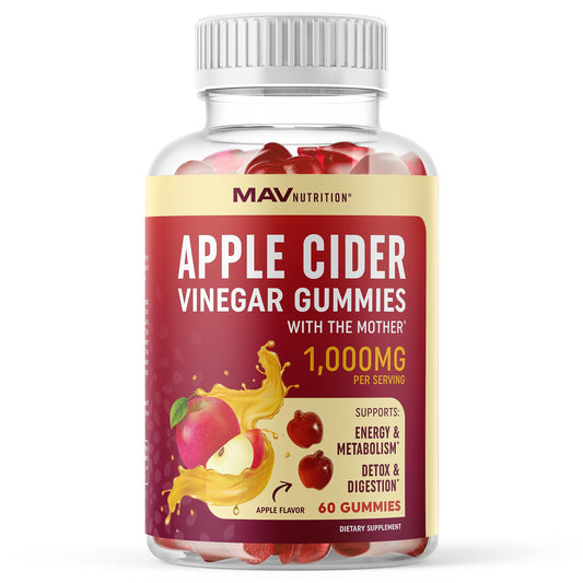 MAV NUTRITION Organic Apple Cider Vinegar Gummies for Digestion, Detox & Immunity & Support with ACV | with The Mother, Vitamin B6, B12 & Folate | Vegan, 500MG | 60 Ct